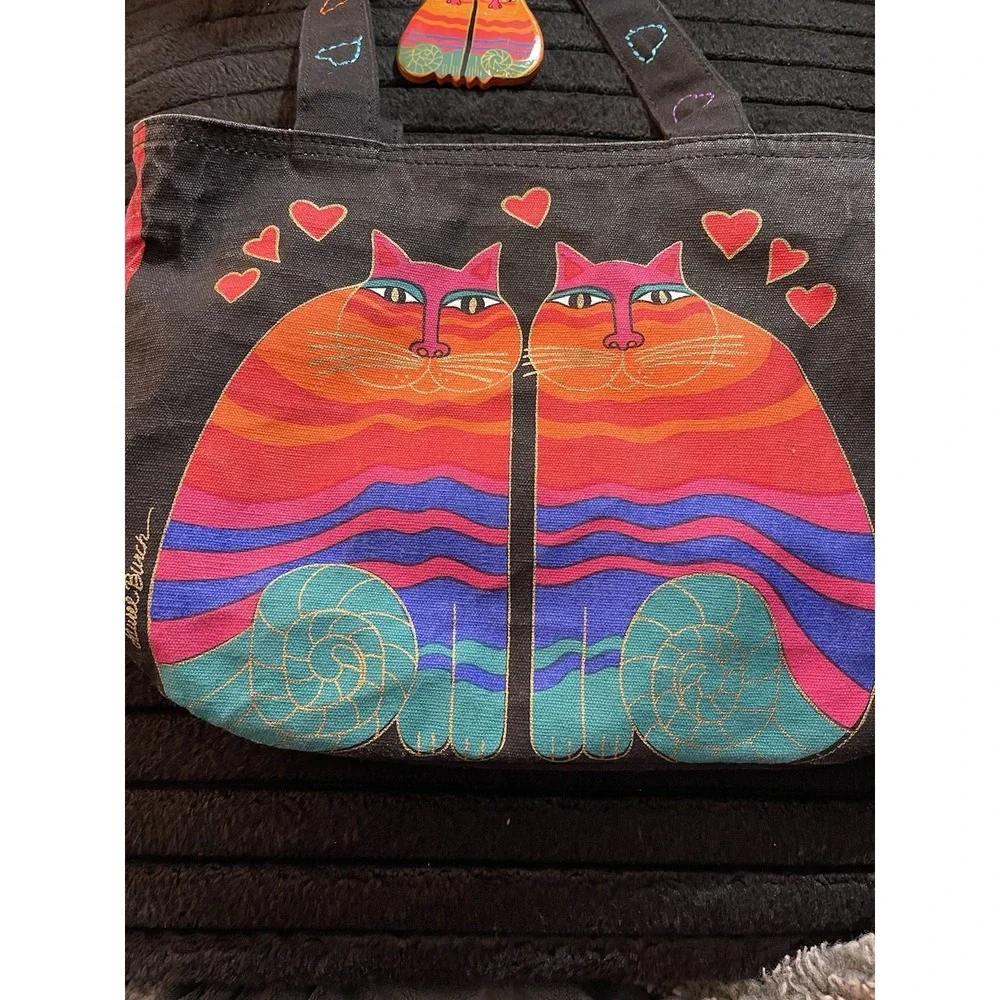 Vintage Laurel Burch Feline Cats with Hearts Colorful Tote Bag Purse 9x10" - Picture 3 of 13